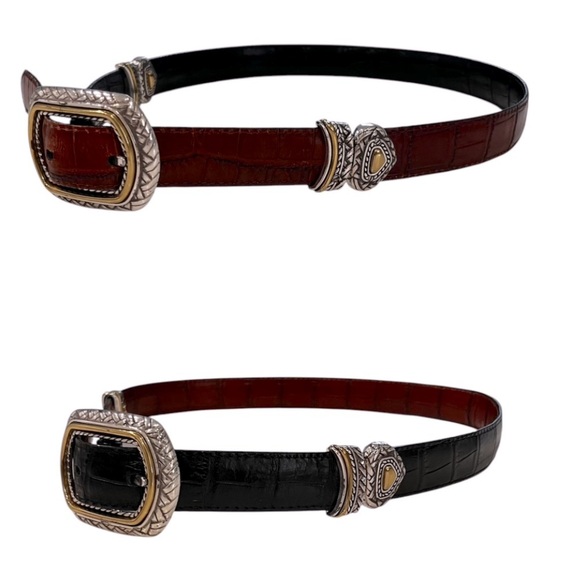 VINTAGE Leather Reversible Croc Embossed Belt Gold & Silver Accents Size M/32 - Picture 1 of 5